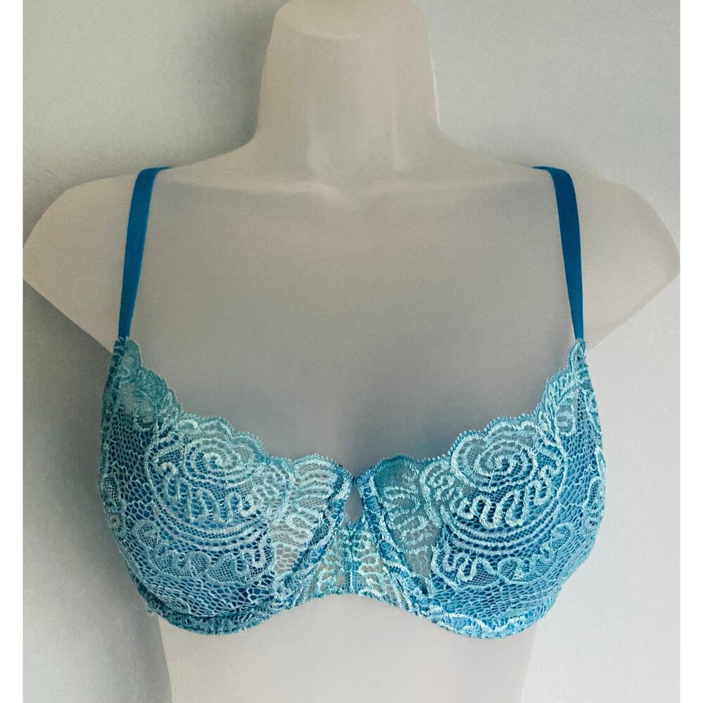 Victoria's Secret Bra 34D Push Up Without Padding Blue Lace Vintage